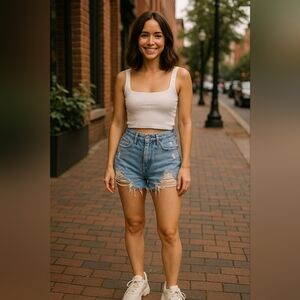 Size 00 Abercrombie Frayed Light Blue Jean Shorts Distressed High Rise Mom Short